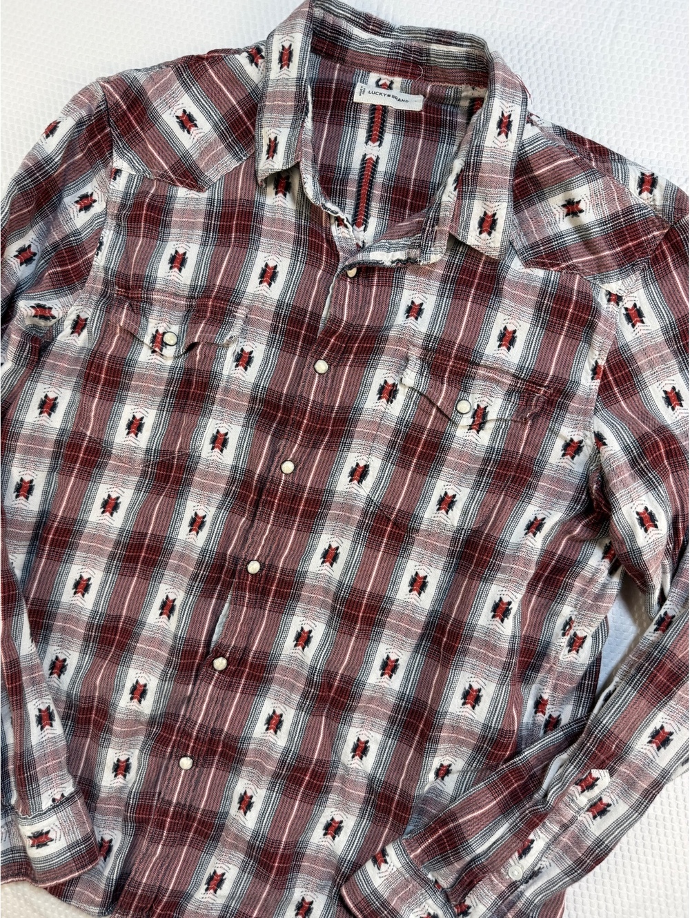 Lucky Brand Mens L Plaid Dobby Western Shirt Pearl Snap Red Cotton Cowboy